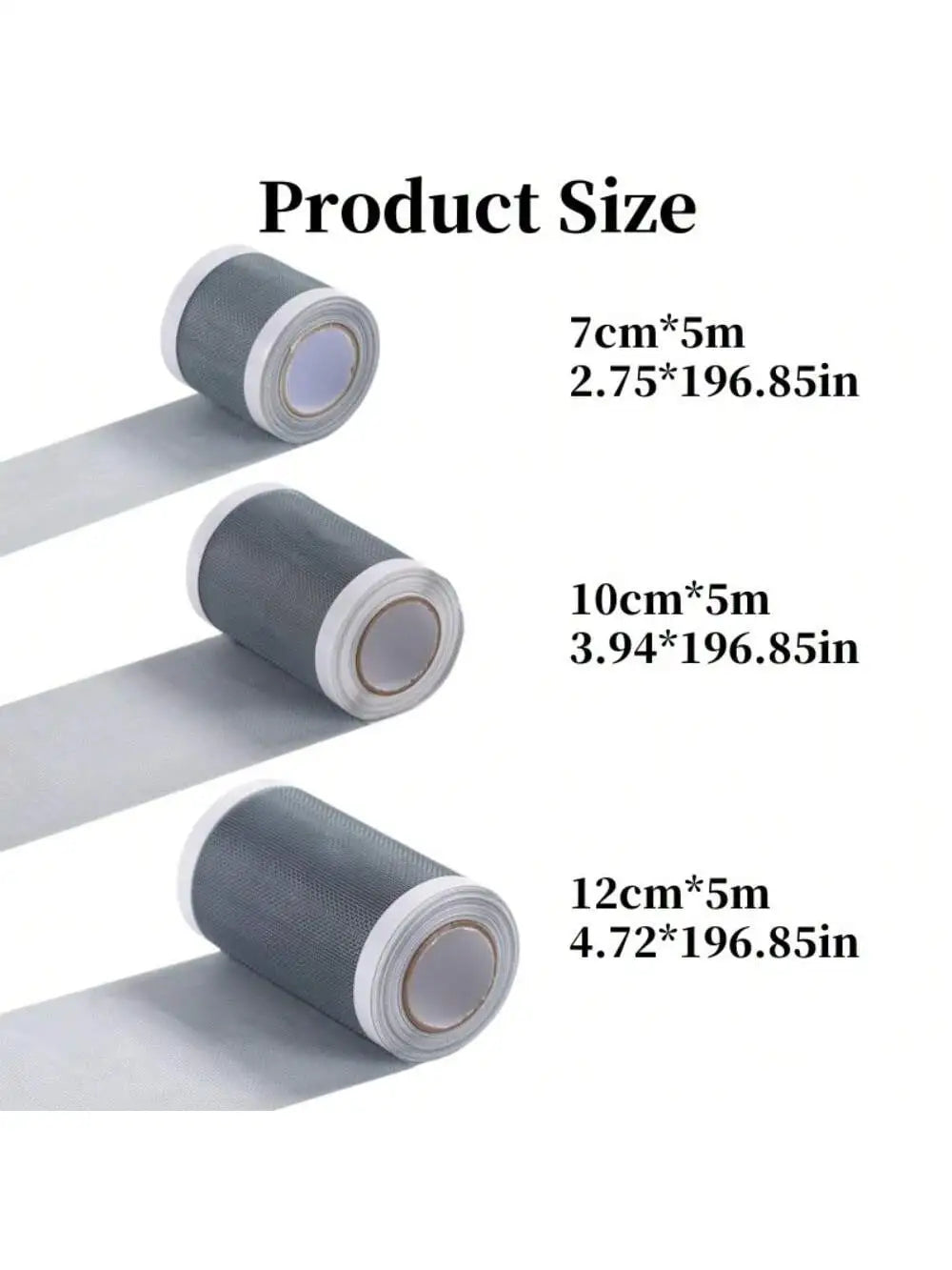 Rollos de cinta de reparación para pantalla de uso rudo en varios tamaños, incluyendo 7 cm, 10 cm y 12 cm de ancho.