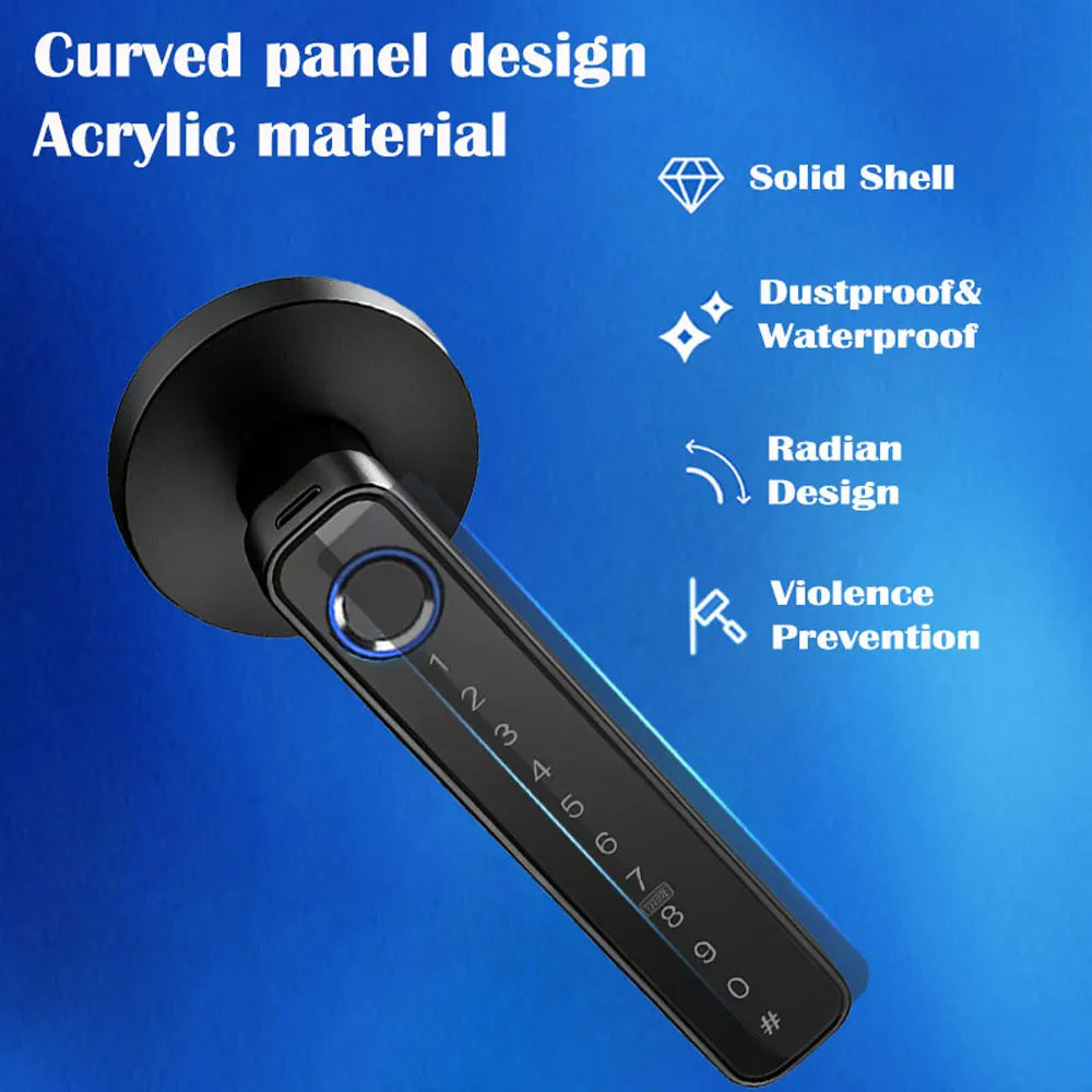 A close-up view of a curved panel design acrylic material smart digital lock with numbered access points.