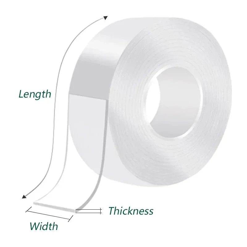 A roll of heavy-duty double-sided acrylic adhesive tape showing its length, width, and thickness.