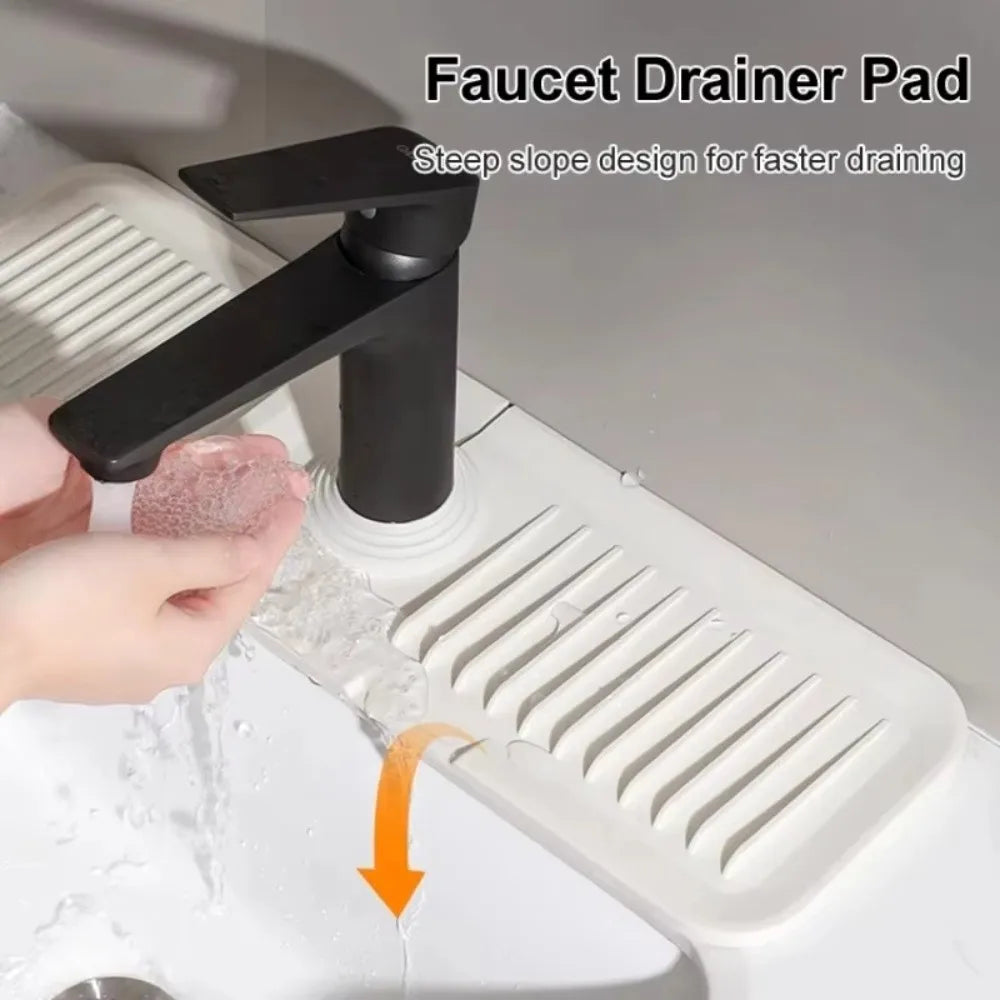 A black faucet drainer pad is shown being used to facilitate faster draining in a sink.