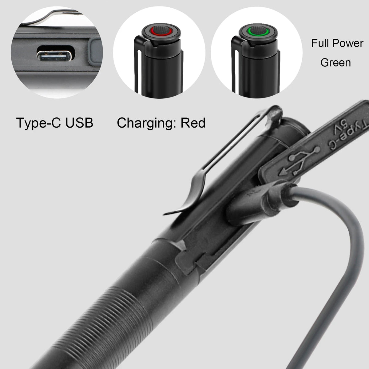 Lampe torche noire à LED avec zoom et batterie rechargeable USB Type-C, montrée sous différents angles.