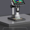 Microscopio digital IPS de 4.3 pulgadas con pinza montado en una plataforma para inspección.