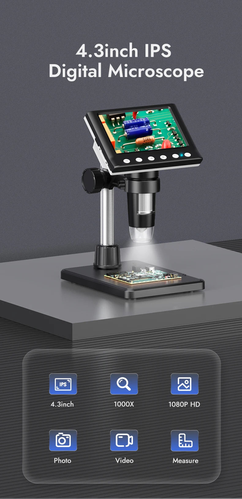 Microscopio digital IPS de 4.3 pulgadas con pinza montado en una plataforma para inspección.
