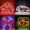 Vier Neonreklamen mit Werkzeugen, Autosilhouette und Motorgrafik für Garage oder Auto-Dekoration