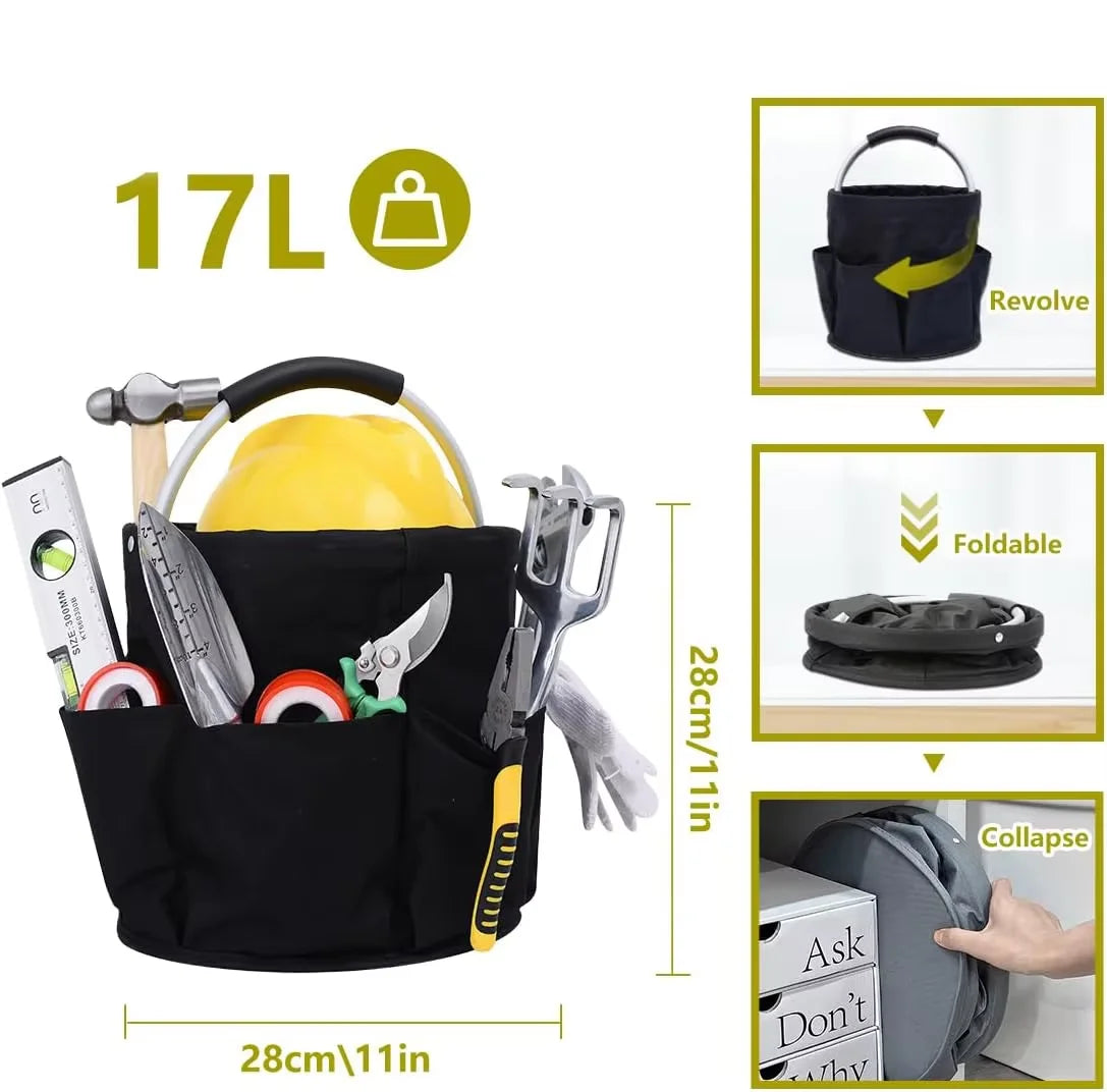 Black folding storage organizer basket with tools and accessories shown in various configurations.