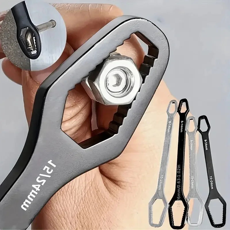 A hand holds an adjustable universal torx wrench set with various sizes of bits.