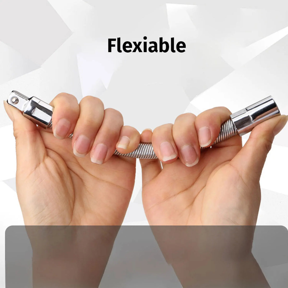 Hands holding a flexible shaft drive socket extension bar set demonstrating its flexibility.