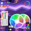 A color changing RGB LED strip light is shown with a remote control and a smartphone displaying the light.