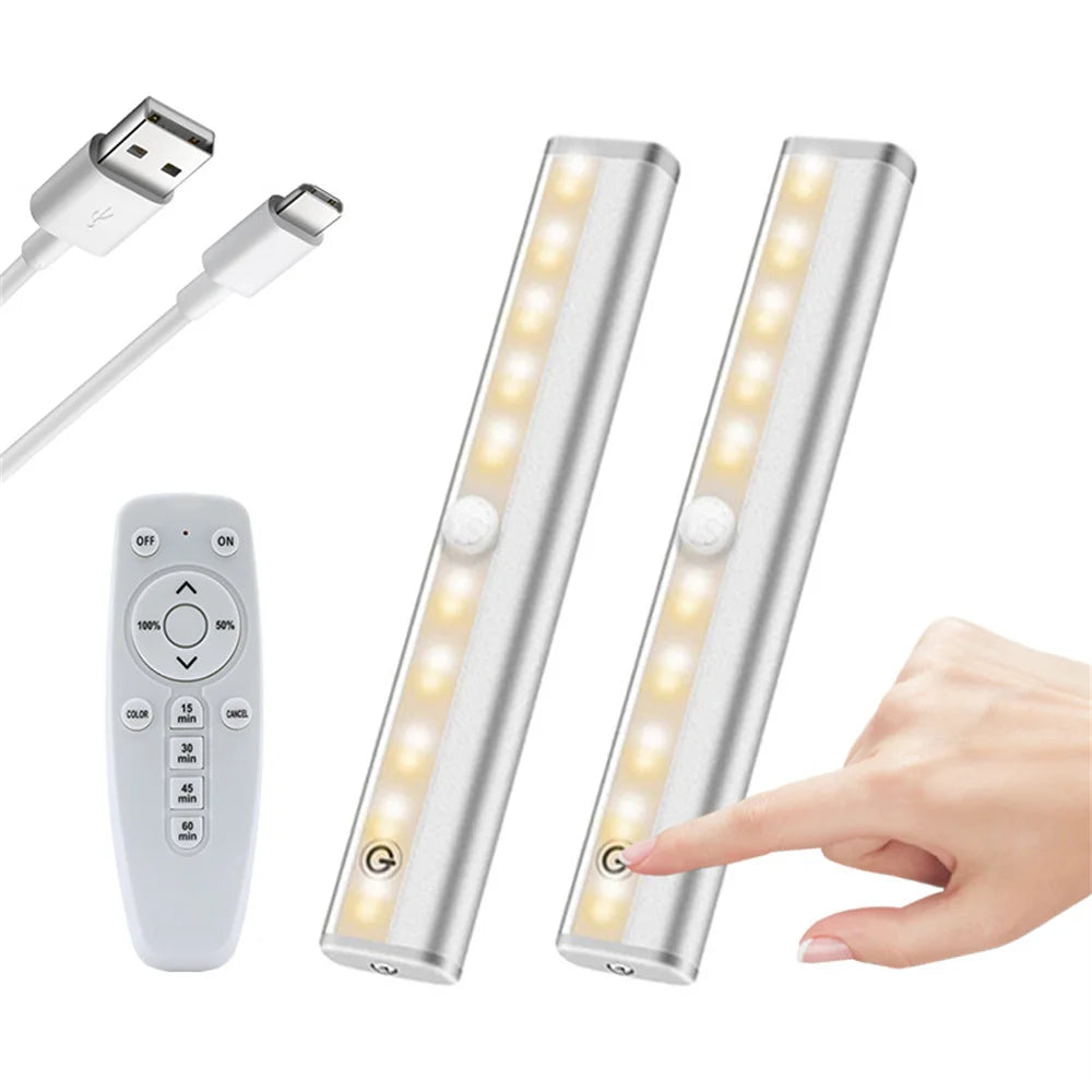 A wireless under cabinet LED light bar and its corresponding remote control are shown.