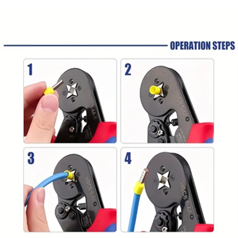 Four steps showing the operation of a professional crimping pliers set for electrical terminals.