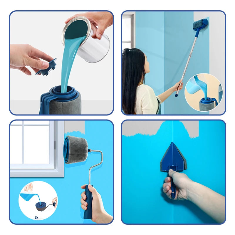 Un juego de ocho rodillos y herramientas de pintura para tareas de bricolaje.
