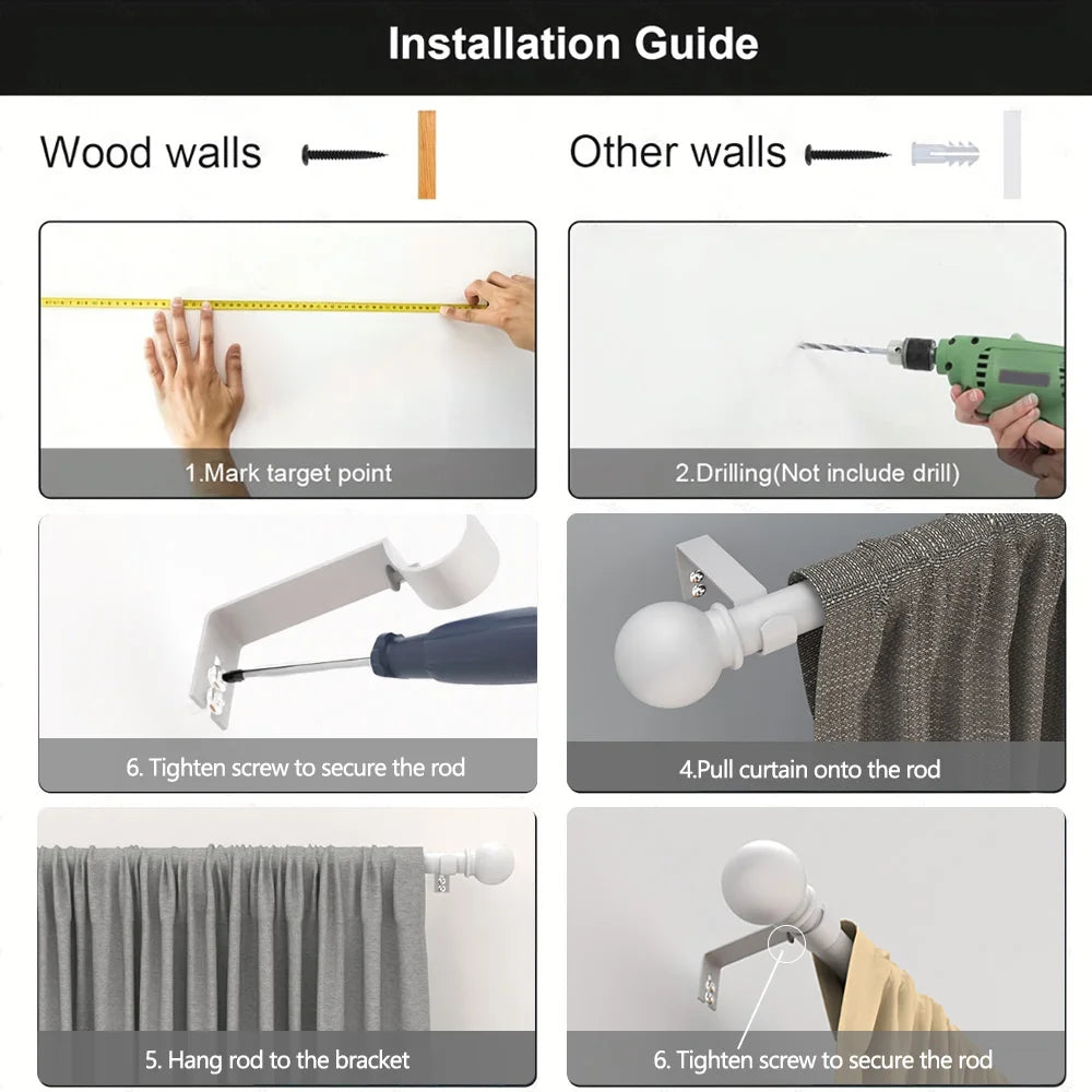 Installation guide showing steps for installing a curtain rod on wood or other walls.