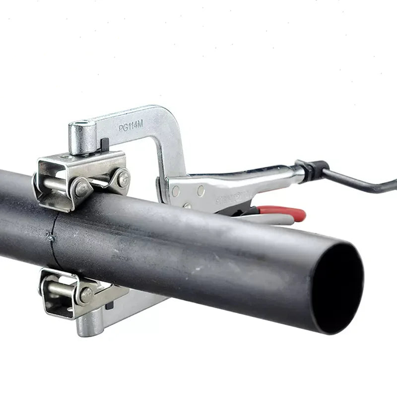 A set of professional tube welding pliers with a silver handle and black jaws gripping a metal tube.