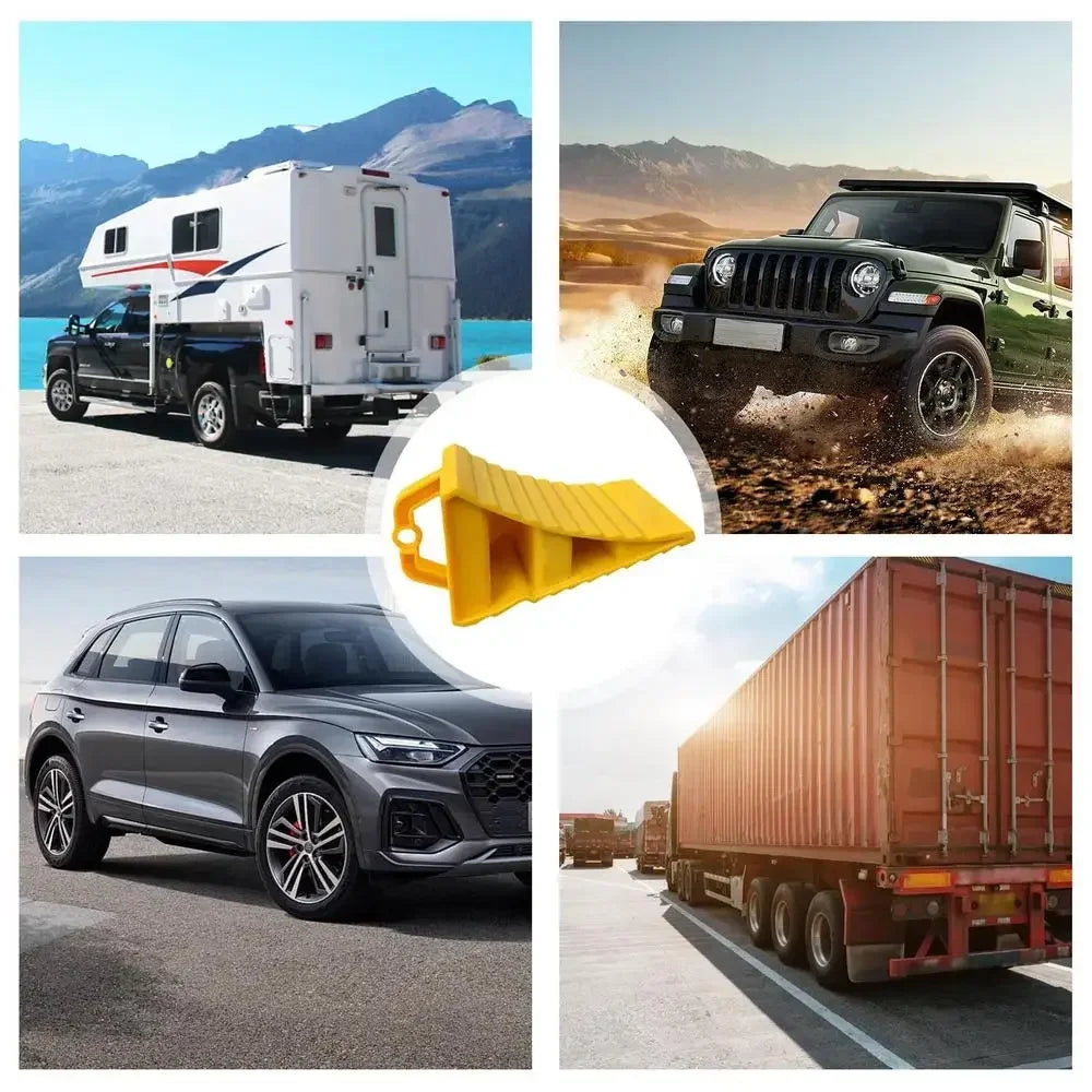 A collection of heavy duty car wheel chocks, including a white trailer block and a yellow tire stop block, alongside a gray S