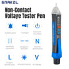 A black and blue non-contact voltage tester pen with various function indicators shown on a white background.