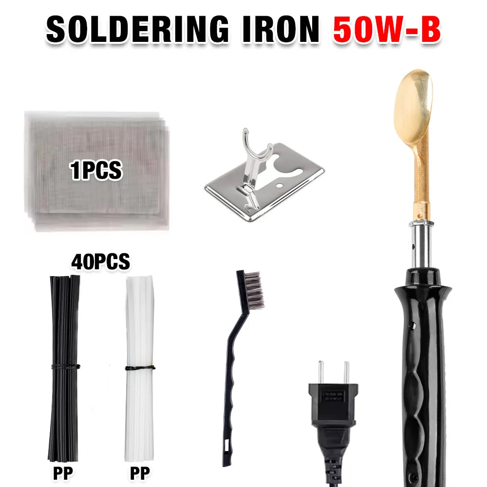A set of soldering irons including a 50W-B iron, tips, and cleaning tools.