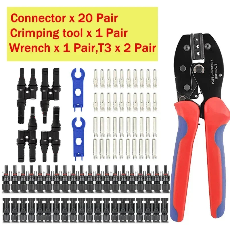 A set of crimping tools and connectors for solar PV panels, including a wrench and various connector pairs.