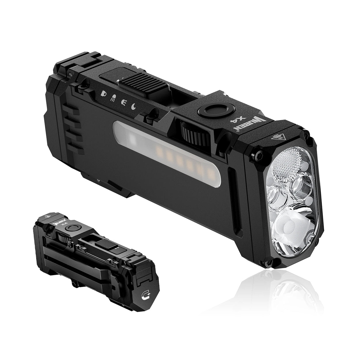 A black Wuben X4 tactical LED flashlight and its battery are shown against a white background.
