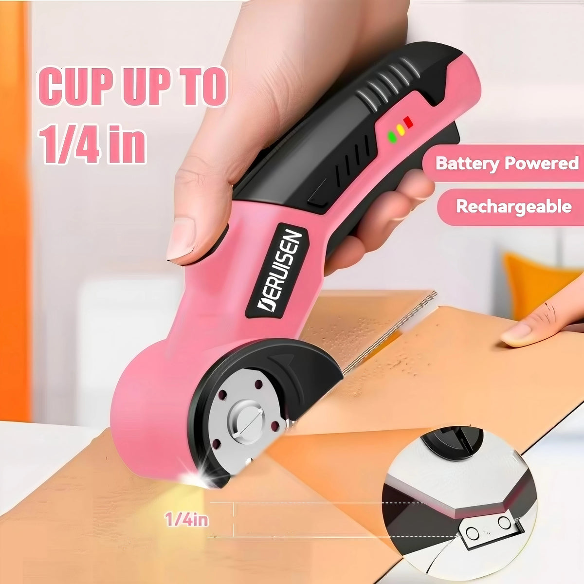 A hand is using a pink Deruisen battery-powered rechargeable electric cutting scissor to cut cardboard.
