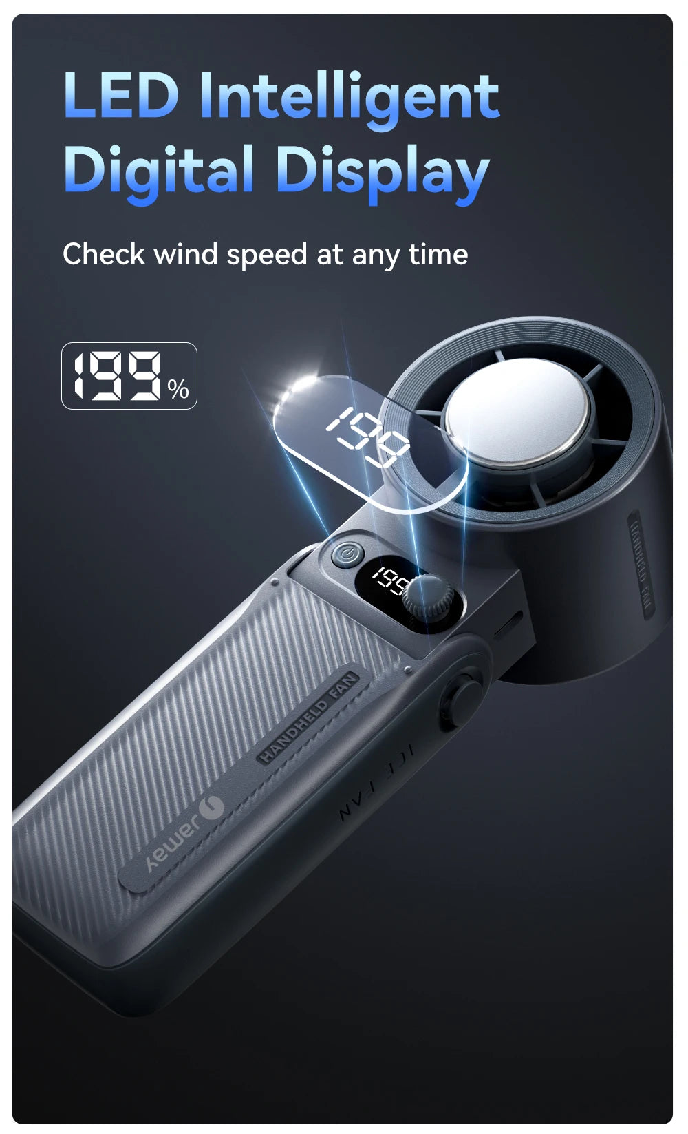 A handheld fan with an LED digital display showing 199% wind speed.