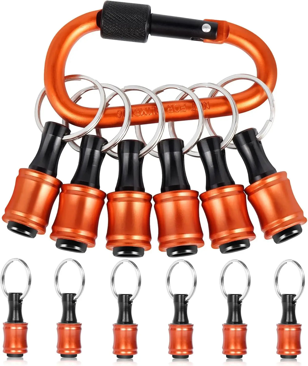 A set of 12 orange and black socket bit holders with keyring extensions.