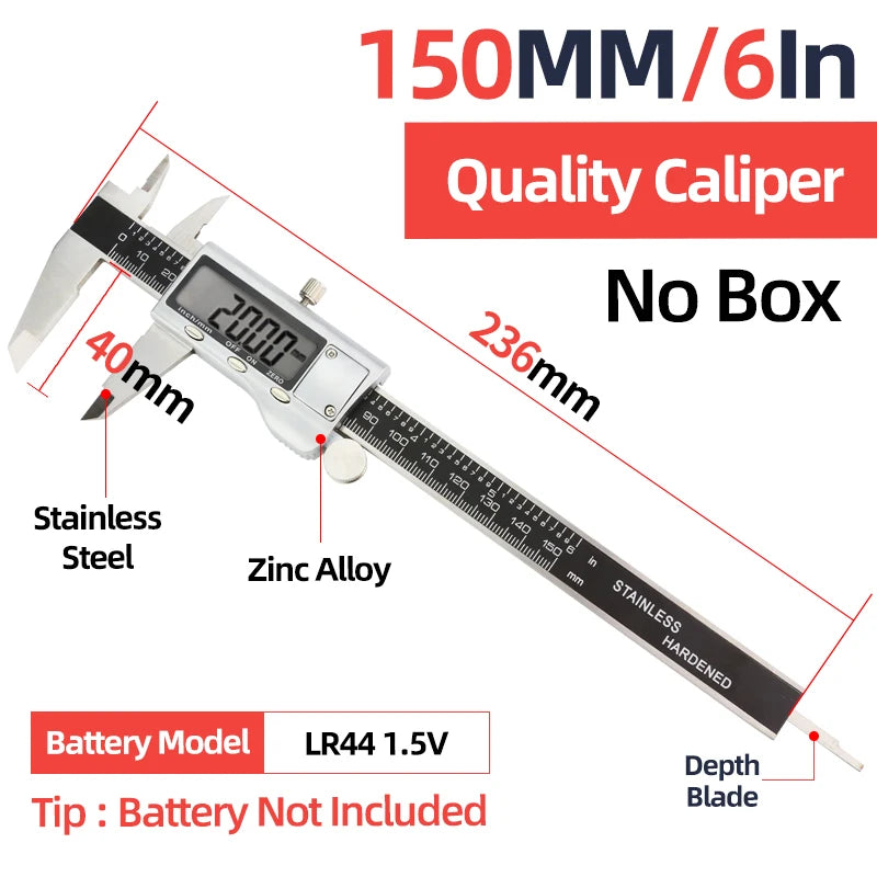 Calibrador digital plateado con cuerpo de acero inoxidable y componentes de aleación de zinc midiendo una profundidad.