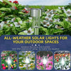 All-weather solar lights for outdoor spaces shown in various garden settings with flowers and greenery.