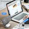 A portable magnetic wireless charging stand is shown next to a laptop, with cables and devices visible.