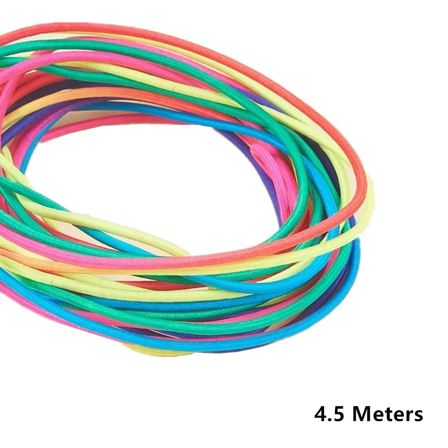 A coil of 1mm stretchy rainbow elastic cord in various bright colors, measuring 4.5 meters long.