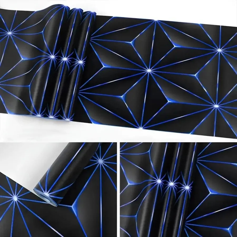Schwarze Vinyl-Wandaufkleber mit geometrischem Muster und leuchtend blauen Linien.
