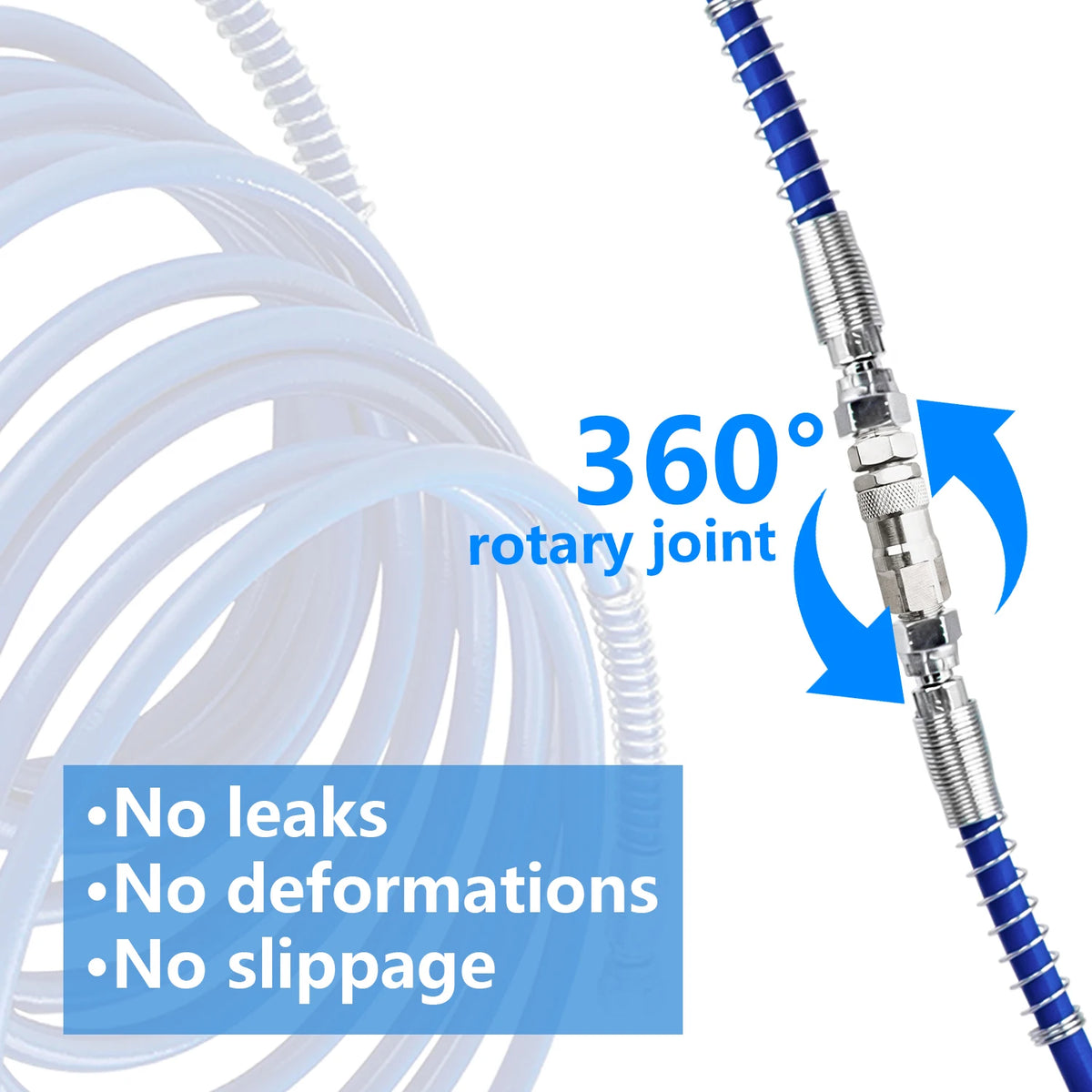A close-up view of a blue and silver rotary joint fitting for airless paint sprayers, highlighting its leak-proof design.
