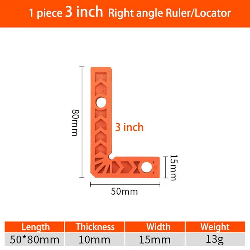 An orange 3 inch right angle ruler or locator tool with dimensions of 50mm by 80mm and a thickness of 10mm.