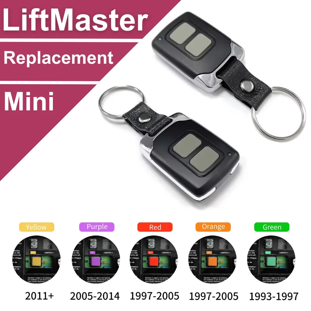 Control remoto de reemplazo LiftMaster Mini con varias opciones de color y años de compatibilidad.
