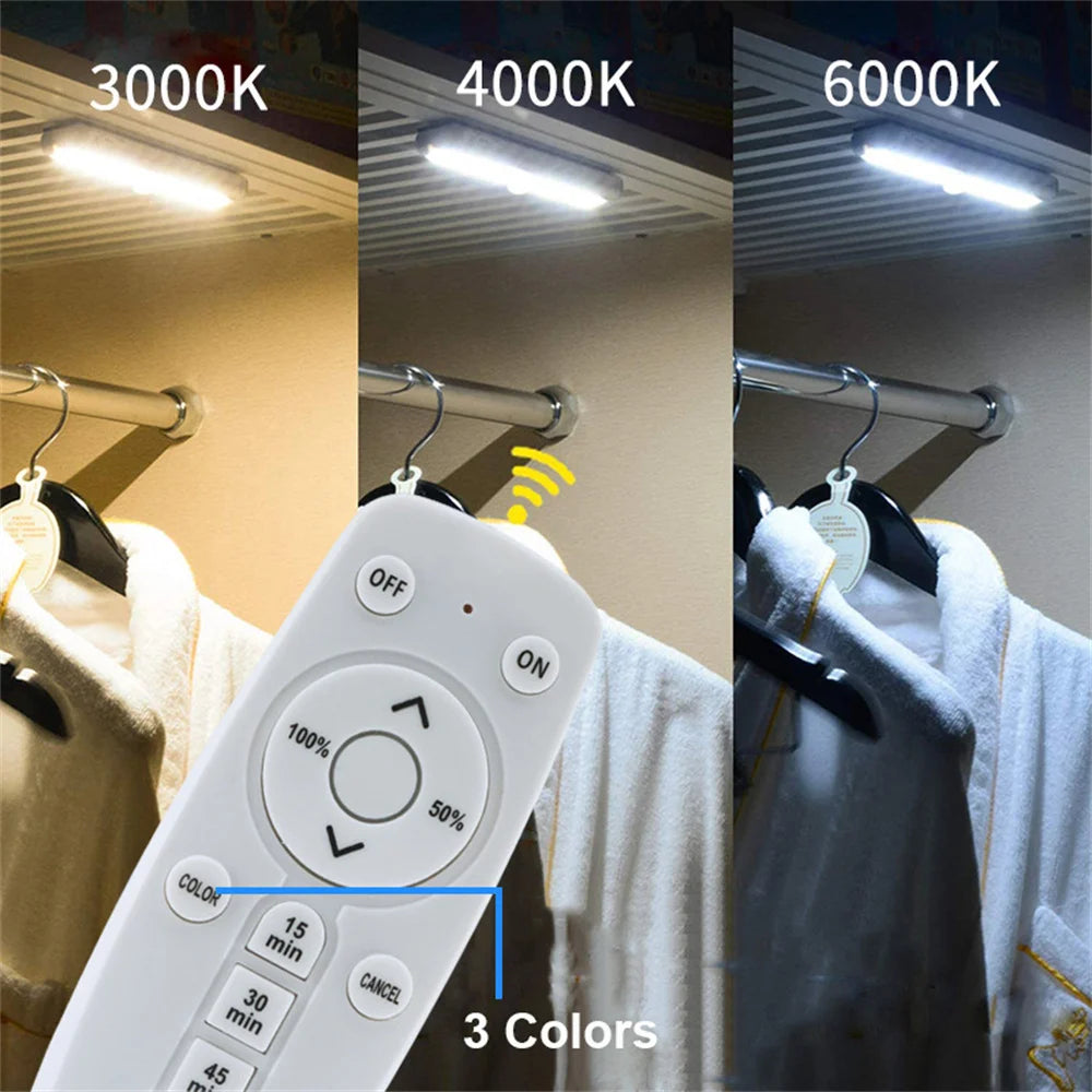 A white wireless under cabinet LED light with a remote control is shown illuminating a garment.