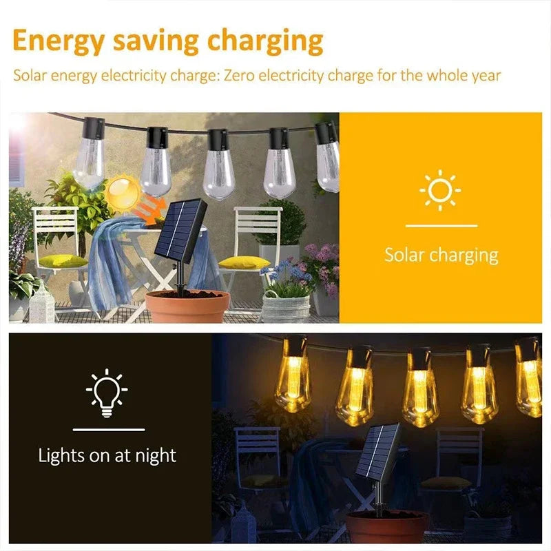 Außen-Solar-Lichter mit Edison-Glühbirnen und Solarladung für energiesparende Beleuchtung.