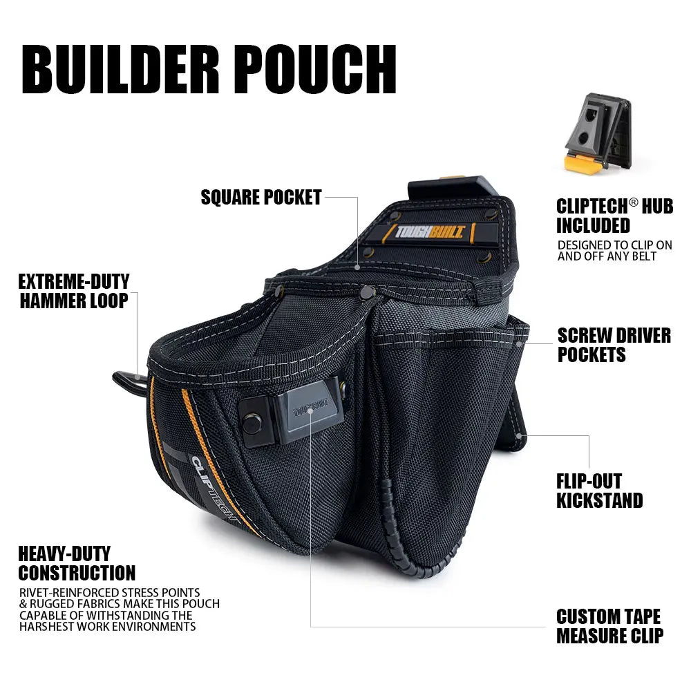 Black builder pouch featuring square pockets, hammer loop, screw driver pockets, and a flip-out kickstand.