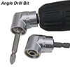 A silver angle drill bit adapter with a hexagonal shaft and a drill bit tip, shown next to a black drill chuck.