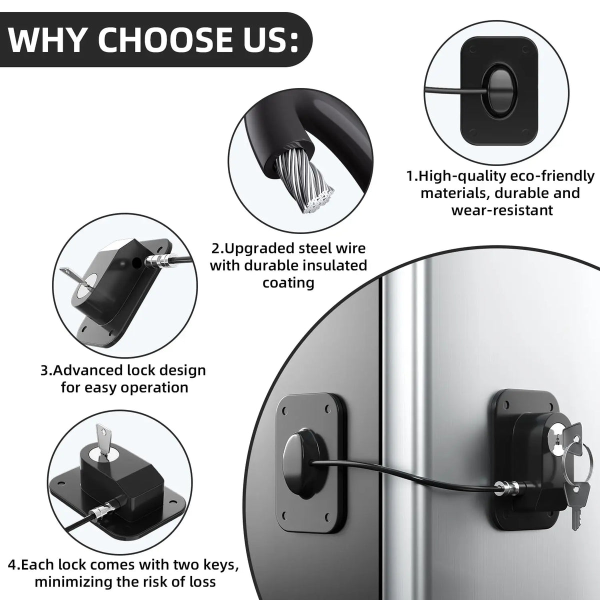 Diagram showing features of a silicone refrigerator lock including durable materials, upgraded steel wire, advanced lock desi