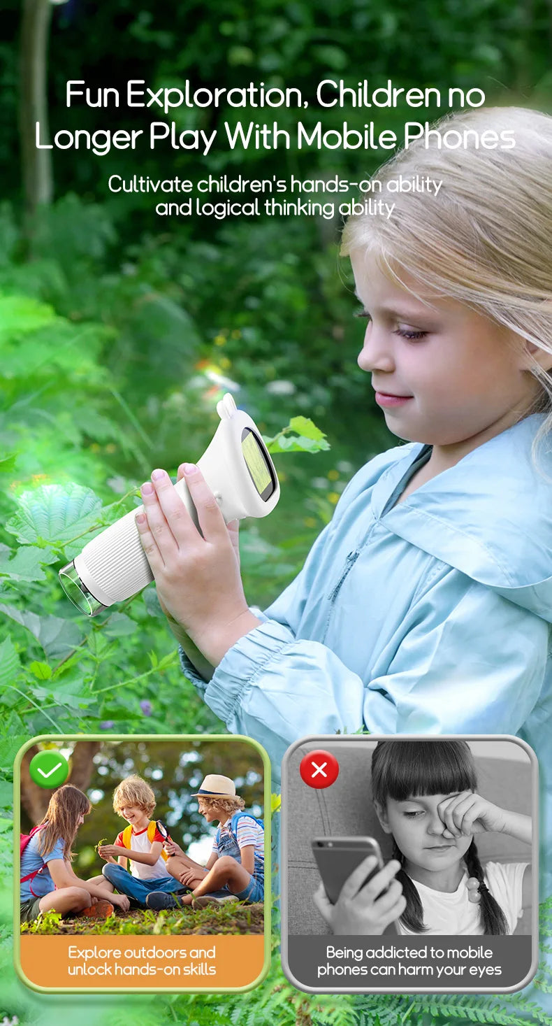 A young girl is using a pocket digital microscope to explore plants outdoors.