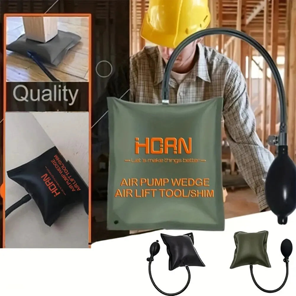 A person is using a flexible door window air pump wedge toolshim for lifting tasks.