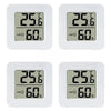 Four views of a white compact digital temperature and humidity gauge displaying 25.6 degrees Celsius and 60 percent humidity.