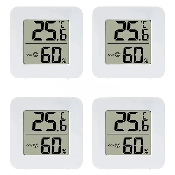 Four views of a white compact digital temperature and humidity gauge displaying 25.6 degrees Celsius and 60 percent humidity.