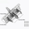 Silver automatic self-closing door hinges with adjustable length and mounting plates.