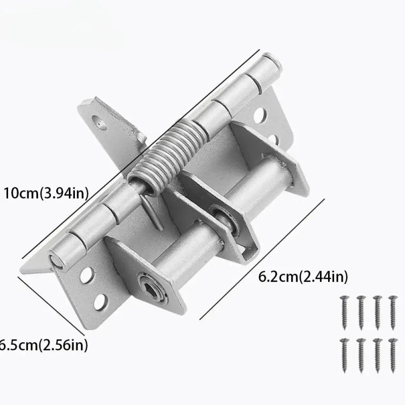 Silver automatic self-closing door hinges with adjustable length and mounting plates.
