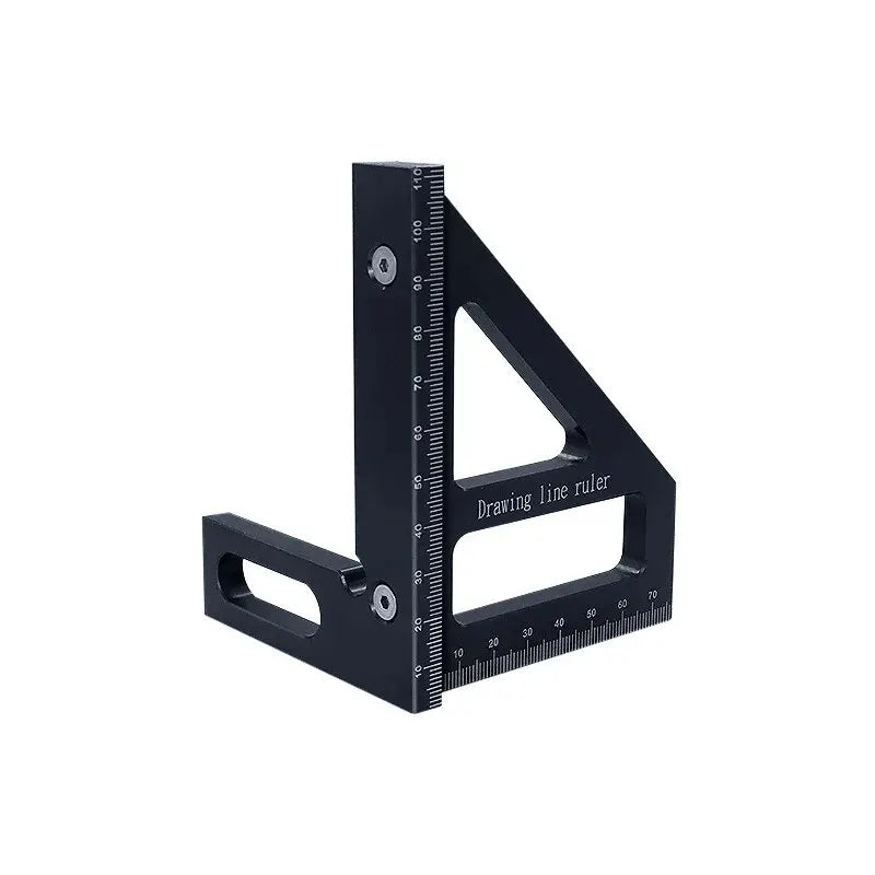 A black precision angle and layout square ruler used for woodworking measurements.