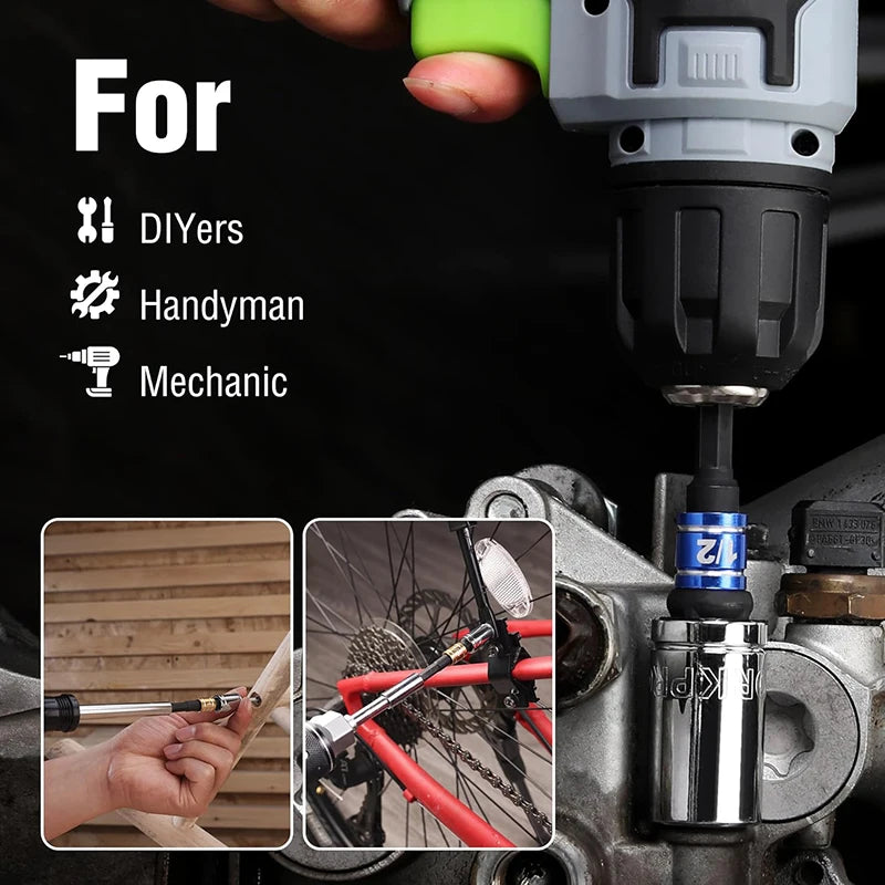 A hand holds a socket adapter set for power drills, shown next to various tools and components.
