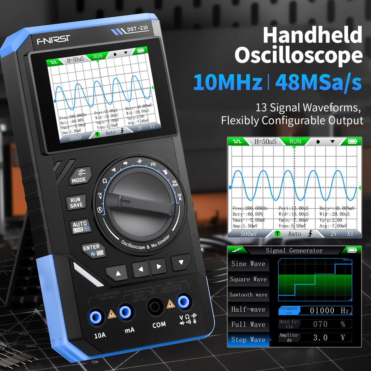 A handheld oscilloscope with a digital display and controls is shown on a black background.