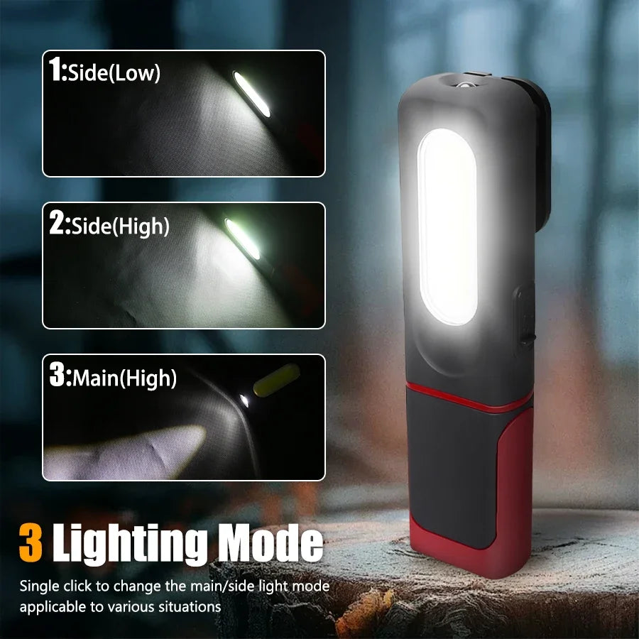 A portable LED work light in a gray and red casing showing three lighting modes: Side Low, Side High, and Main High.