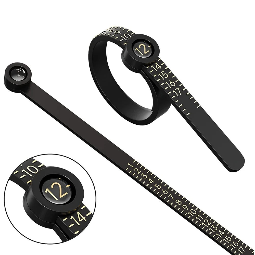 A black precision ring sizer with a magnifier and measuring scale shown in various views.