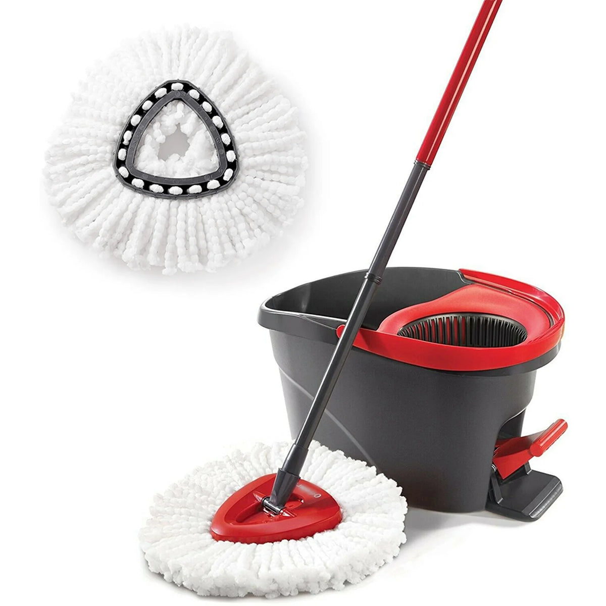 A red and black 2-in-1 microfiber mop with a white cleaning head is shown alongside its refill.